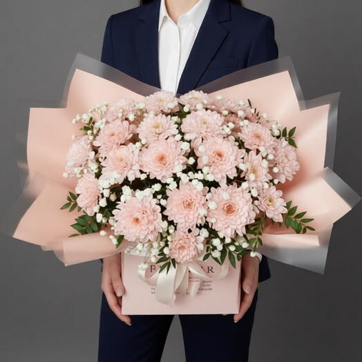 "Peach fresh" Peach chrysanthemum with white gypsophila and greenery