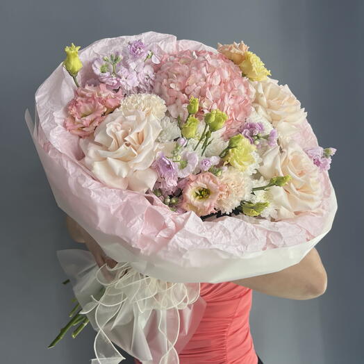 Букет авторский 🌸 кремовая гортензия 🩷 французская Роза 🥐🌸🥐 ароматная маттиола 💜 пудровая эустома 🩷