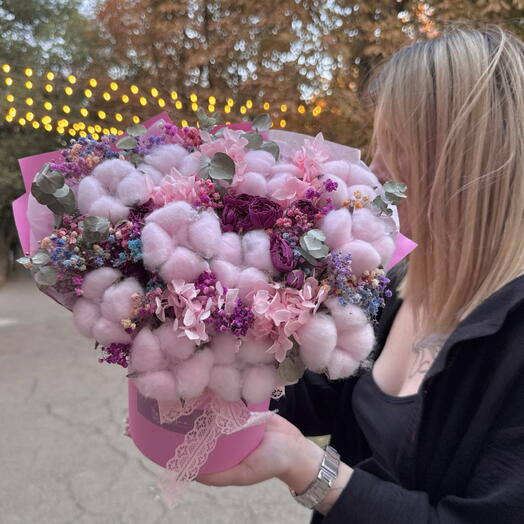 Сухоцветы и стабилизированные растения в коробке розовый🌸Размер S