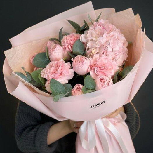 Райское наслаждение 💘 | Гортензия, кустовая пионовидная роза, диантус, эвкалипт