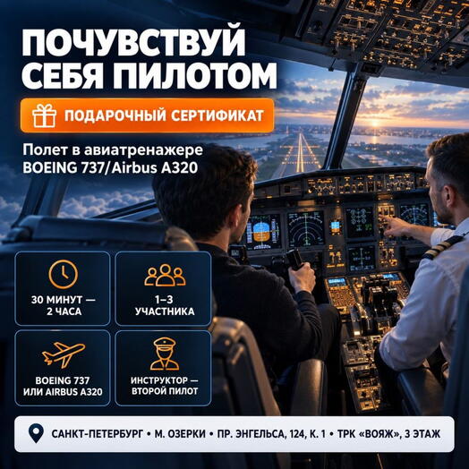 Подарочный сертификат «Полет в авиатренажере BOEING 737/Airbus A320» (30 минут, 1 человек)