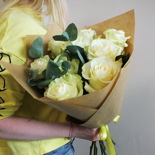White varietal roses with eucalyptus