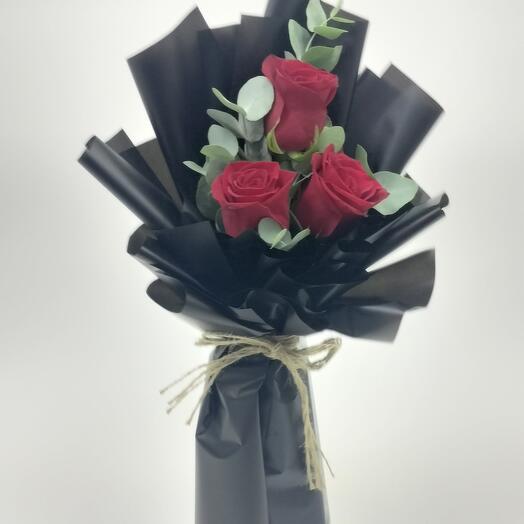 3 Red rose with Black wrapping
