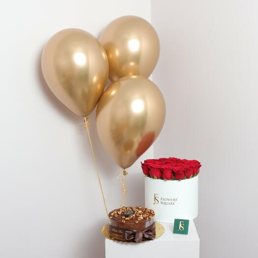 Red Rose Box, Cake and Balloons