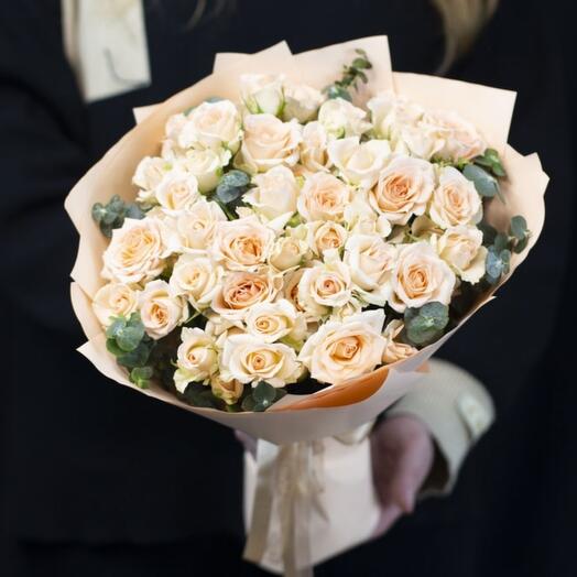 11 Sweet Sarah Bush roses with fragrant eucalyptus