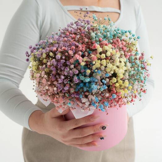 Цветная гипсофила в нежной, шляпной коробке