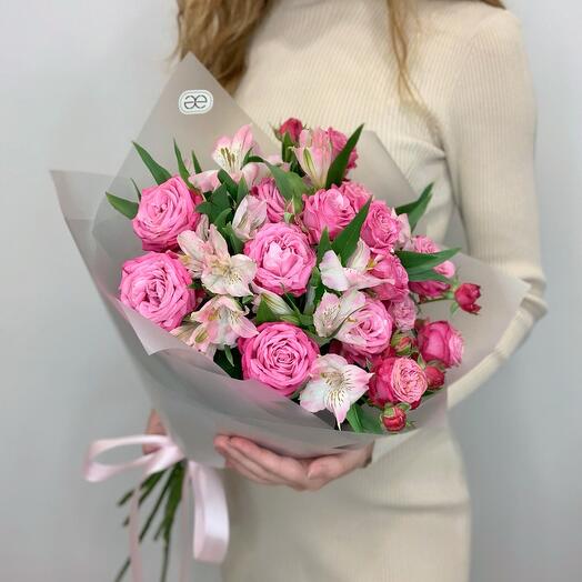 Дуобукет из ярко-розовых пионовидных кустовых роз "Леди Бомбастик" и розовых альстромерий 4|3