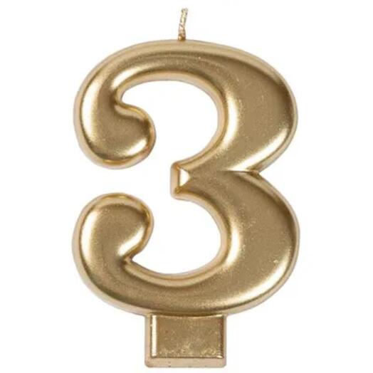 Свеча -цифра "3" Золотая, 8 см