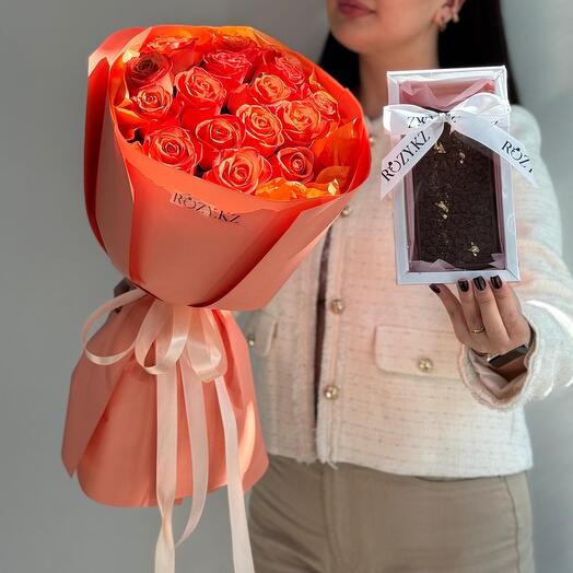 Комбо из 15 оранжевых роз и дубайского шоколада