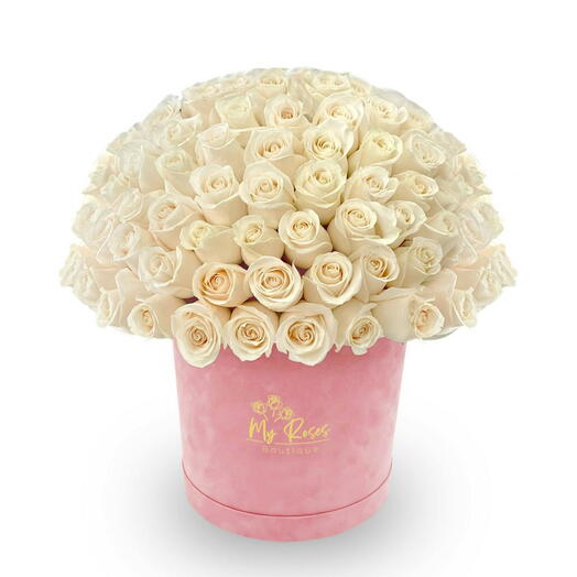 Pink Velvet Box With 50 white Roses