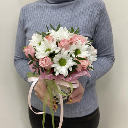 Baby Mix Bouquet de rosas y margaritas con pistacho