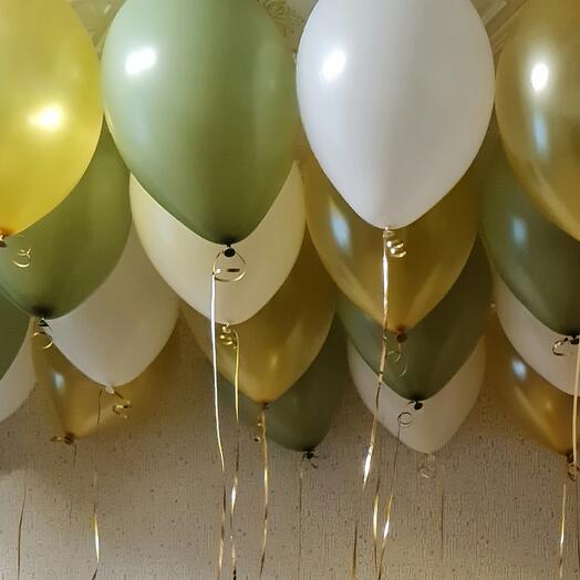 Воздушные гелиевые шары 25 шт под потолок: золото, белые, эвкалипт