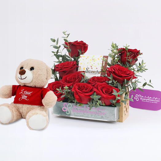 Choco Love 9 Red Roses Tray and I Love You Teddy