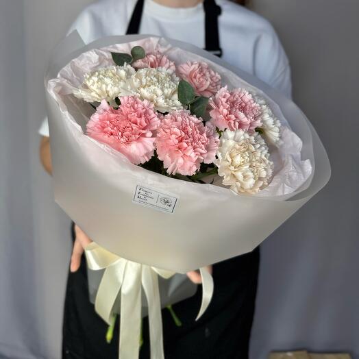 Delicate bouquet of dianthus and eucalyptus