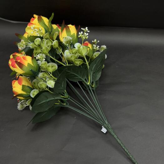 Камелия желто-красная искусственная 1 ветка 12 голов