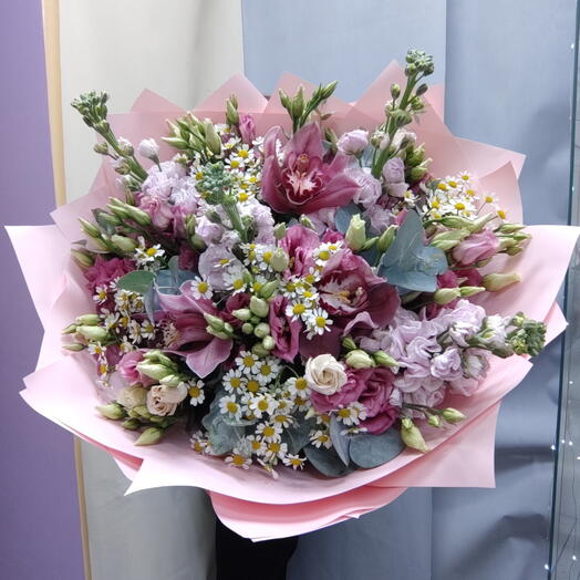 Bouquet of Mattiola, eustoma, camila, orchid, eucalyptus
