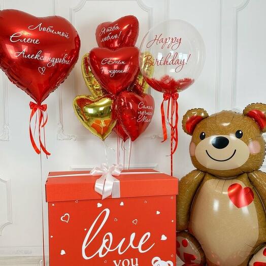 Коробка-сюрприз красная с сердцами и мишкой