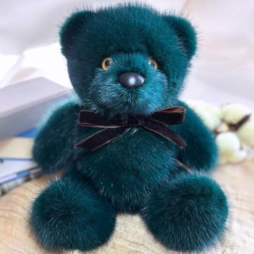 Мягкая игрушка Мишка Братишка, из меха норки, изумруд, ручная работа