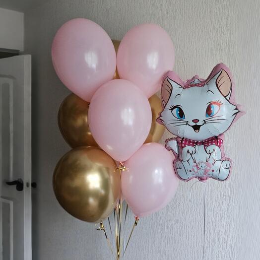 Гелиевые шары розовые и хром золотой и фигура кошка,котик,кошечка-10 шаров