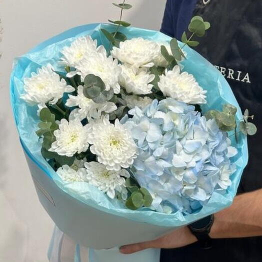 Букет голубая гортензия, ароматный эвкалипт и кустовая хризантема (02010255)