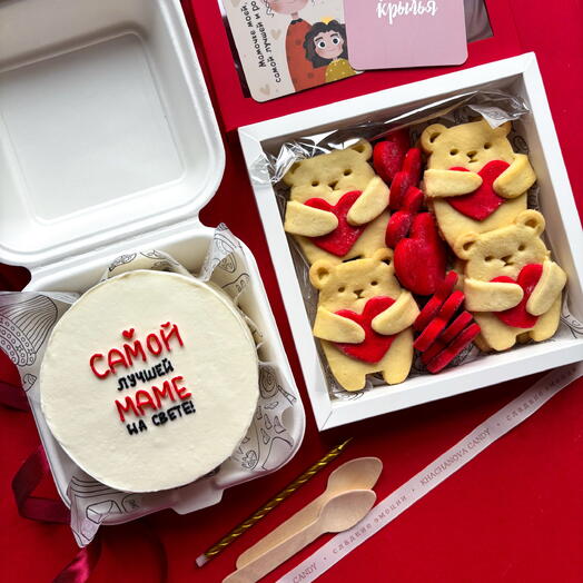 A gift for March 8 "To the best mom in the world" a combo set of teddy bear cookies and a bento cake for mom, grandma, wife, mother-in-law, mother-in-law