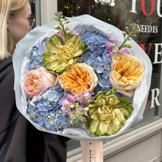 Sugar Sky Bouquet S Dize (Garden Roses, Veggie Roses, Hydrangeas, Stocks)