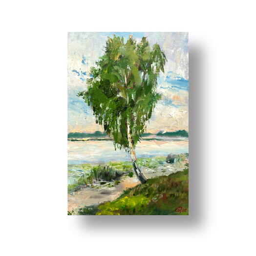 Картина маслом пейзаж с березой у реки. Малый формат