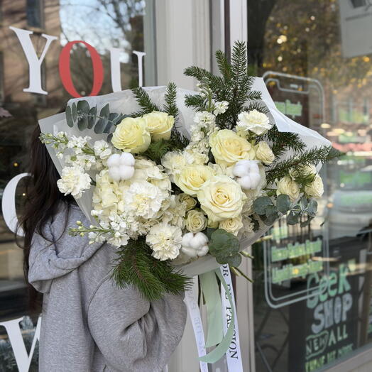 "Snow Garden" Bouquet (Hydrangeas, White Roses, Spray Roses, Cotton, Carnations, Eucalyptus, Stocks, Christmas ) LARGE SIZE