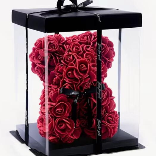 Rózsákból készült maci S méretű dobozban