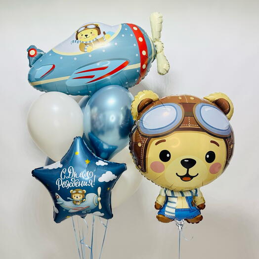 Воздушные шары для мальчика Мишка и самолет
