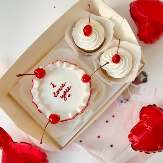 Ббенто торт + капкейки к 14 февраля, набор ко Дню всех влюбленных для парня/девушки