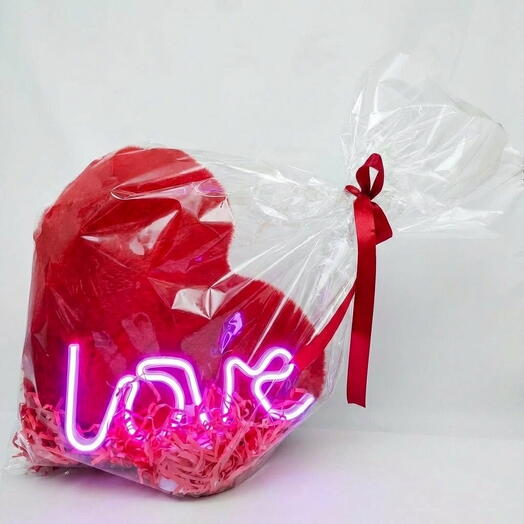 Большая мягкая игрушка "Сердце" и неоновый светильник "LOVE" в подарок любимой девушке, подруге, подарок на день рождения