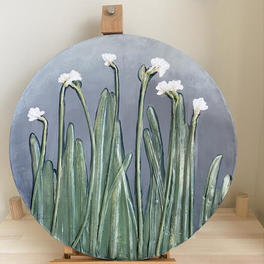 Панно цветочное настенное декоративное, Нарциссы, Ботанический барельеф , Гипсовая картина