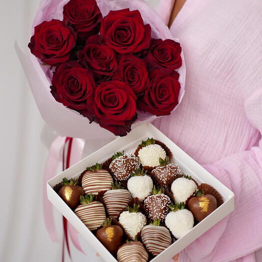 A bouquet of red roses and a selection of 16 chocolate-covered strawberries