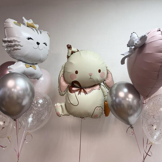 Сет гелиевых шаров с зайкой и кошечкой 🎀