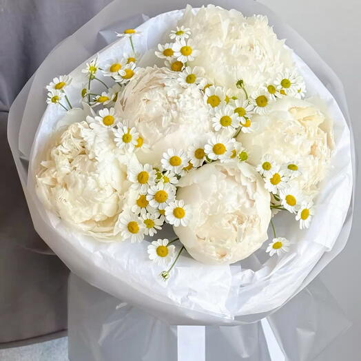 Белые пионы с ромашками
