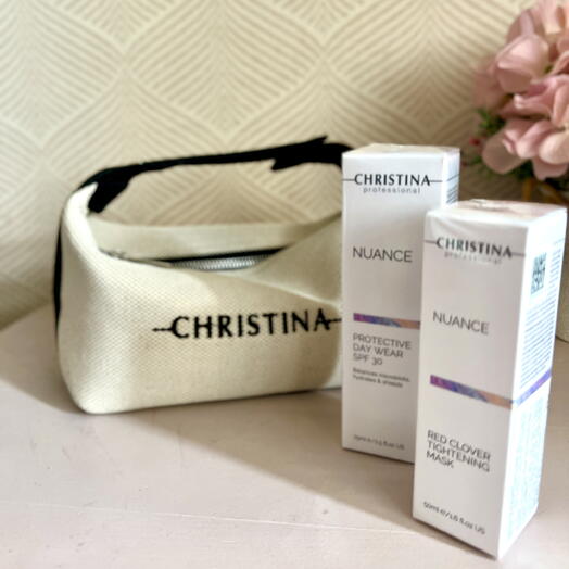 Бьюти набор Christina: Крем дневной с пептидами Nuance маска с мелатонином, коллагеном и витамином Е, косметичка