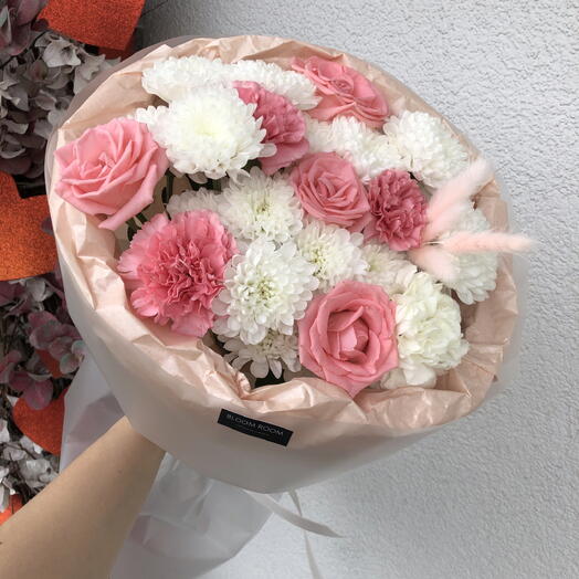 Персиковый букетик 🤍Bloom room, хризантема, Роза, диантус