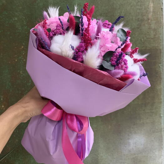 Bouquet of dried flowers made of cotton , hydrangea, lagurus "My berry"