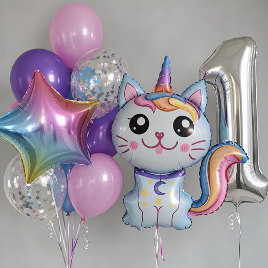 🎈🦄Набор воздушных шаров «Котик-единорог на 1 годик»