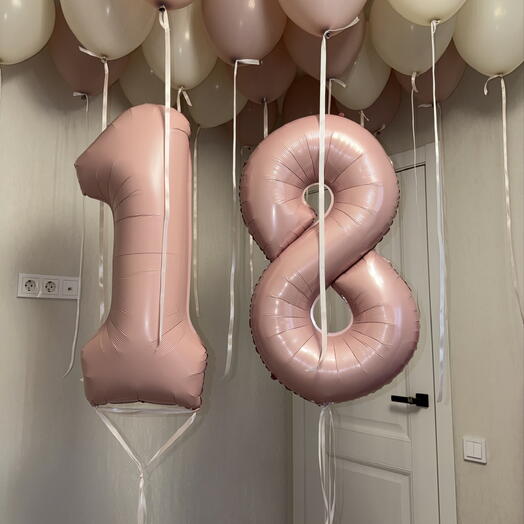 Набор на день рождения «18 лет» - 18 шаров на потолок на атласной ленте, цифры розовые 18