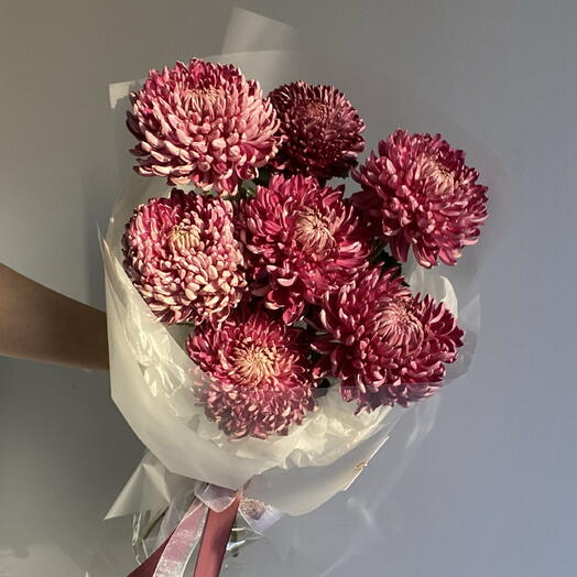 Вишевый джем♥️ Моно-букет из одноголовых хризантем Бигуди в нежной упаковке🤍