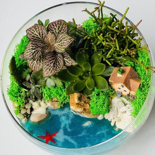 Outdoor florarium with fresh flowers and a house by the sea