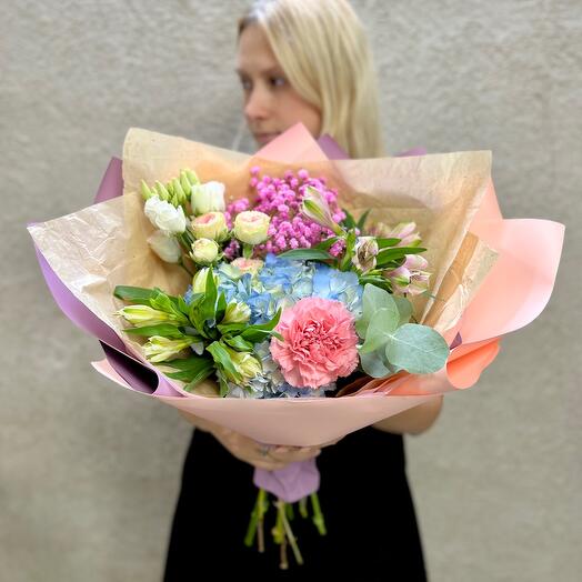 Bouquet with blue Hydrangea in a beautiful design