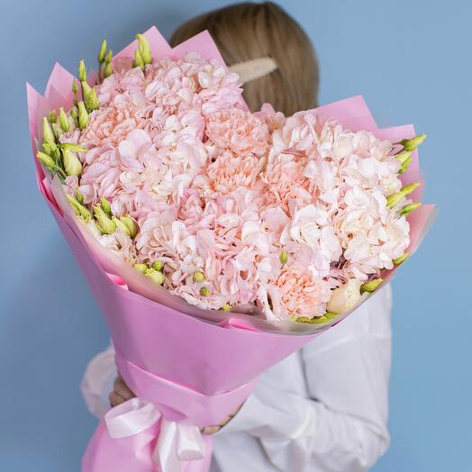 Bouquet with pink Hydrangeas, pink Dianthus and pink Eustoma
