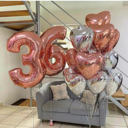 Шары цифры, сердца, розовое золото и серебро, 19шт