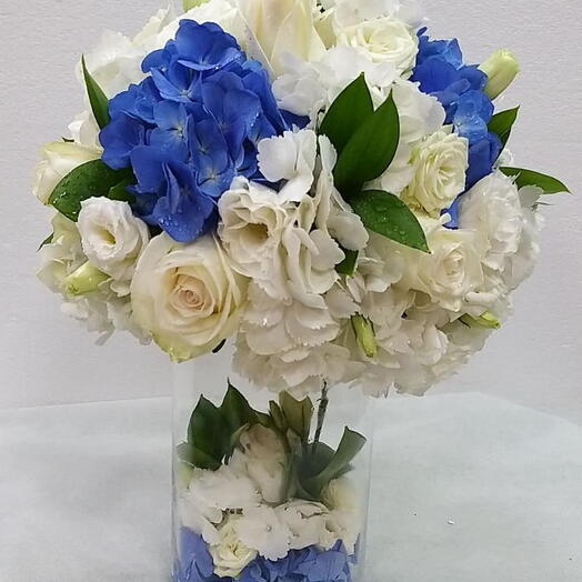 Tranquil Blue Medley: Blue Hydrangea, White Hydrangea, White Estoma   White Roses