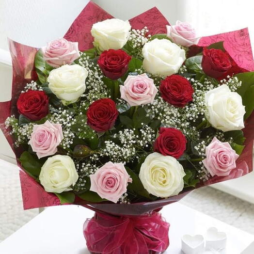 Smile: 6 White Roses, 6 Pink Roses, 6 Red Roses Seasonal Greens