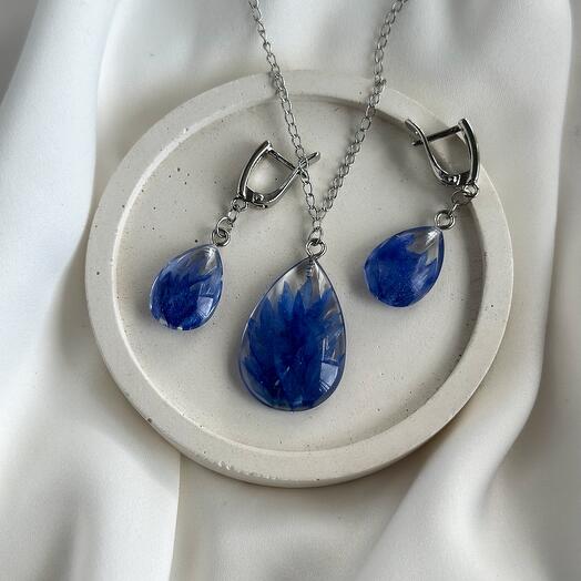 Комплект украшений кулон и серьги с синим васильком , подарок для девушки на день рождение , подруги ,подарок на День матери