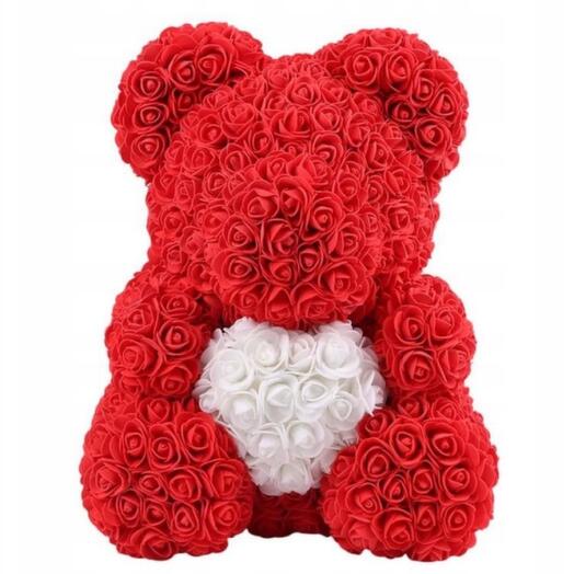 Red Teddy Rose Bear with White Heart